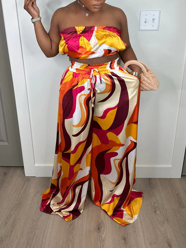 Printed Bandeau Top & Wide-Leg Pants Set