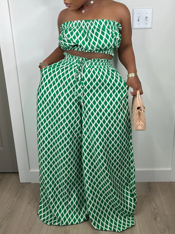 Printed Bandeau Top & Wide-Leg Pants Set