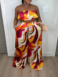Printed Bandeau Top & Wide-Leg Pants Set