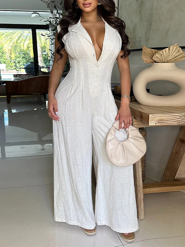 Button-Front Sleeveless Jumpsuit