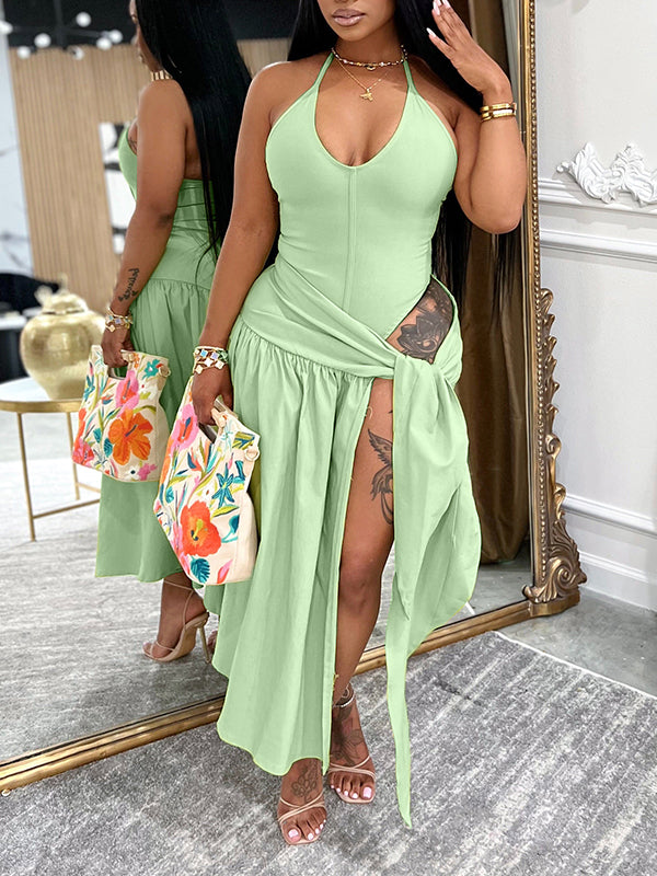 Solid Bodysuit & Tied Skirt Set