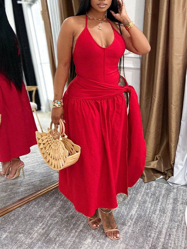 Solid Bodysuit & Tied Skirt Set