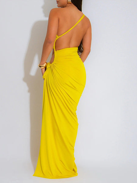 One-Shoulder Ruched Slit Dress