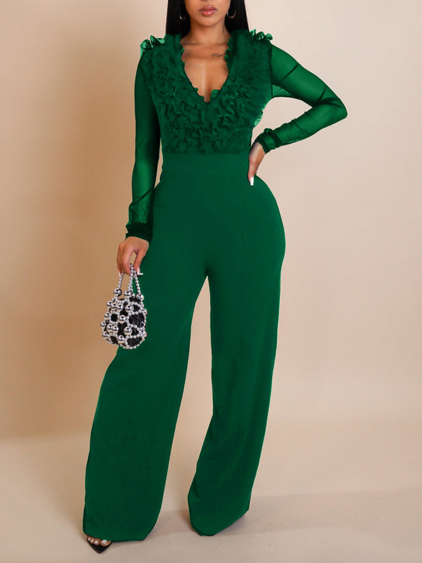 Sheer-Combo V-Neck Jumpsuit
