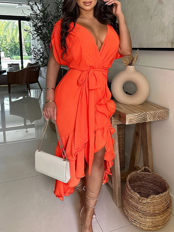 V-Neck Tied Ruffle Dress