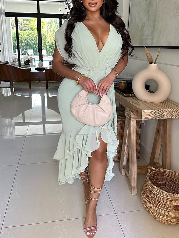 V-Neck Tied Ruffle Dress