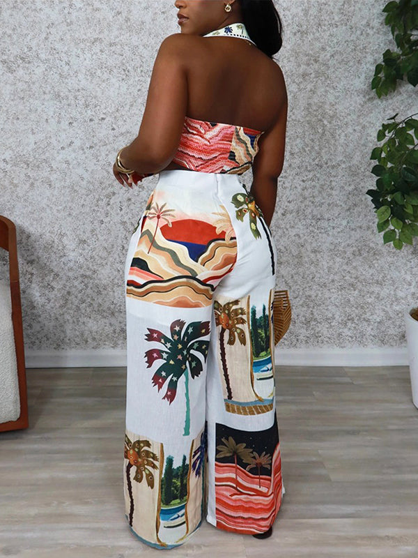 Printed Halter Shirt & Wide-Leg Pants Set