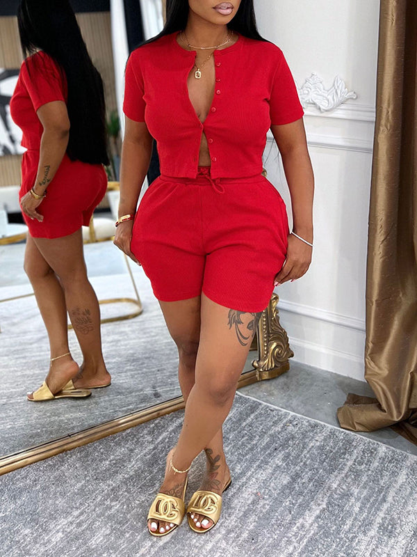 Indiebeautie Solid Button-Front Top & Shorts Set