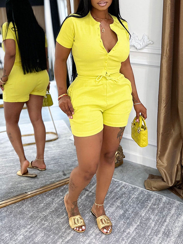 Indiebeautie Solid Button-Front Top & Shorts Set