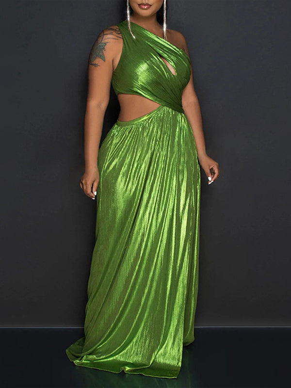 Metallic One-Shoulder Slit Dress