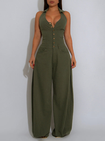 Solid Button-Front Halter Jumpsuit