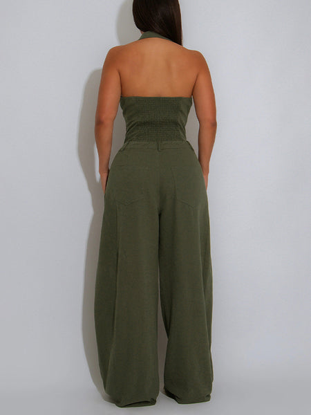 Solid Button-Front Halter Jumpsuit