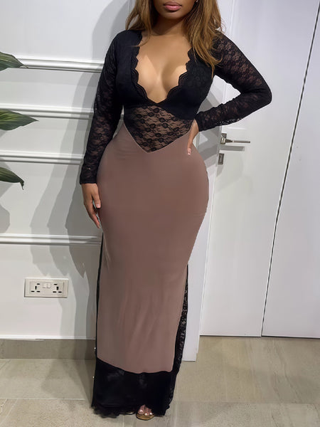 Lace-Combo V-Neck Maxi Dress