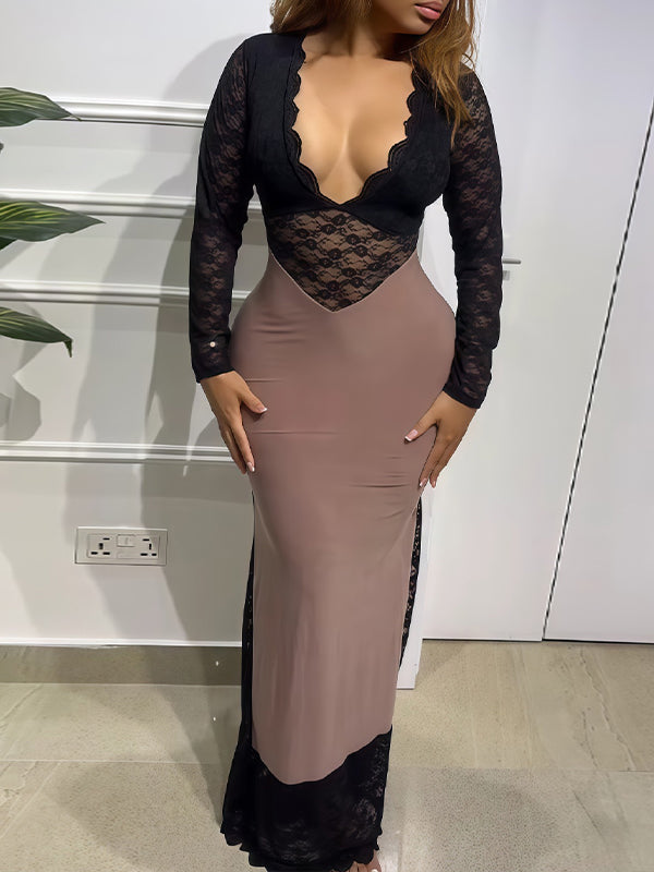 Lace-Combo V-Neck Maxi Dress