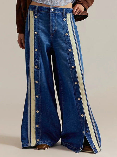 Stripe Button Wide Leg Jeans