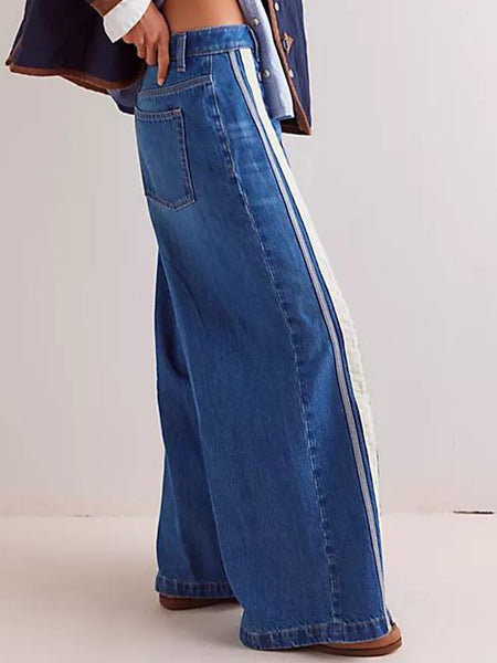 Stripe Button Wide Leg Jeans