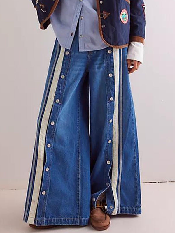 Stripe Button Wide Leg Jeans