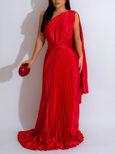 One-Shoulder Pleated Maxi Dress