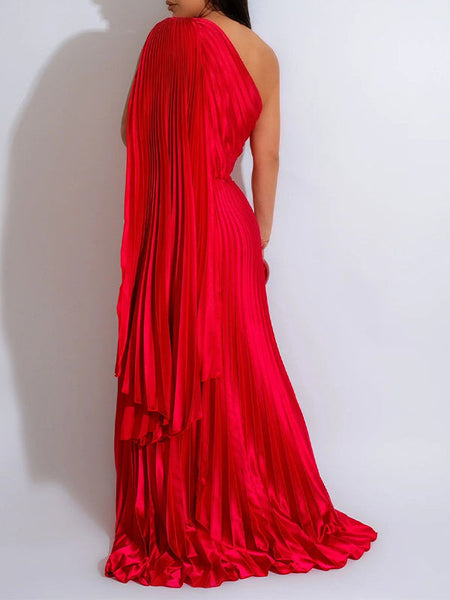 One-Shoulder Pleated Maxi Dress