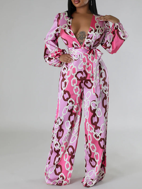 Printed V-Neck Tied Jumpsuit