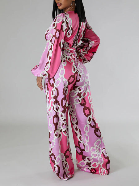 Printed V-Neck Tied Jumpsuit