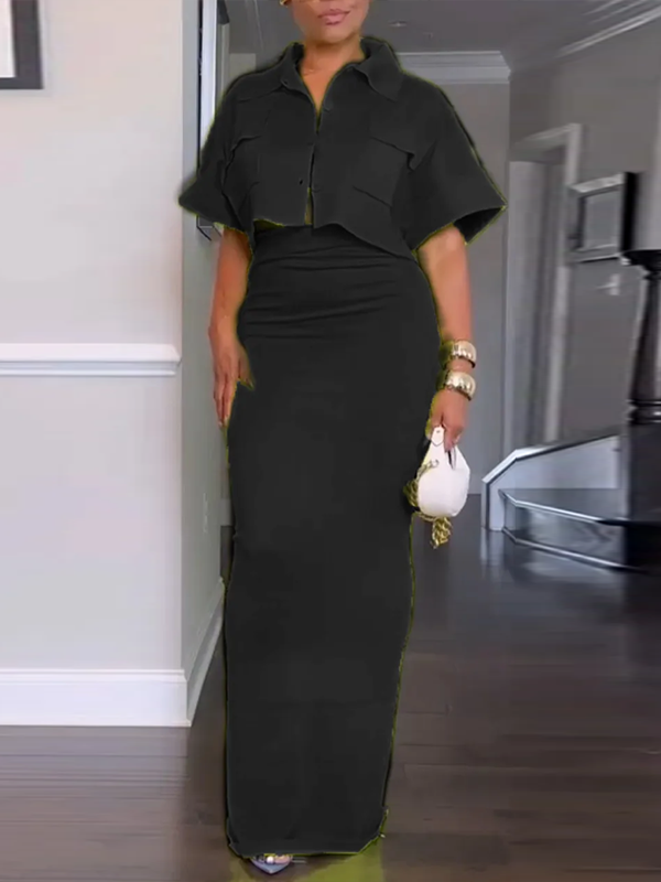 Solid Cargo Shirt & Pencil Skirt Set