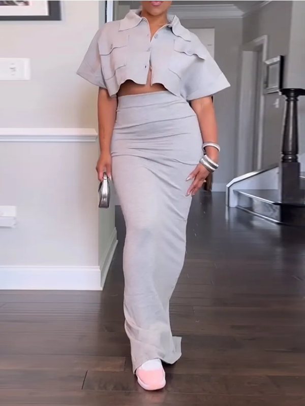 Solid Cargo Shirt & Pencil Skirt Set