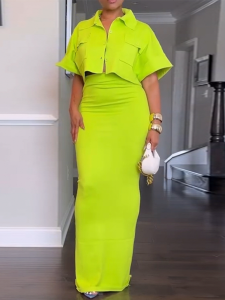 Solid Cargo Shirt & Pencil Skirt Set