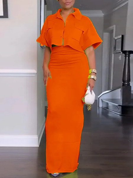 Solid Cargo Shirt & Pencil Skirt Set