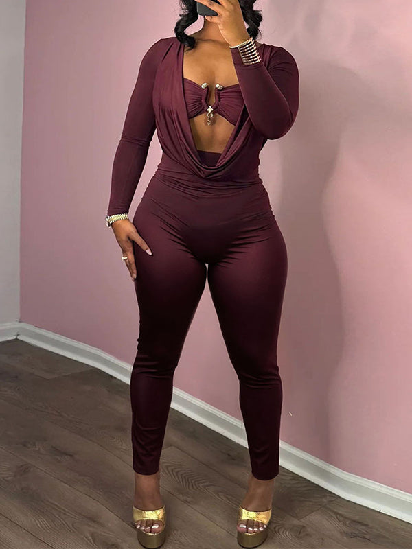 Solid Cutout Plunge Jumpsuit