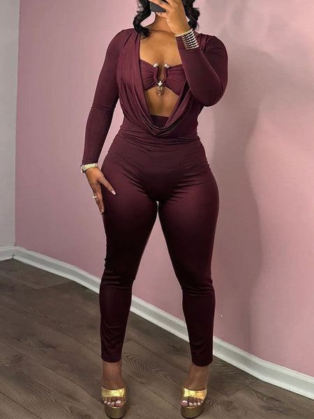 Solid Cutout Plunge Jumpsuit