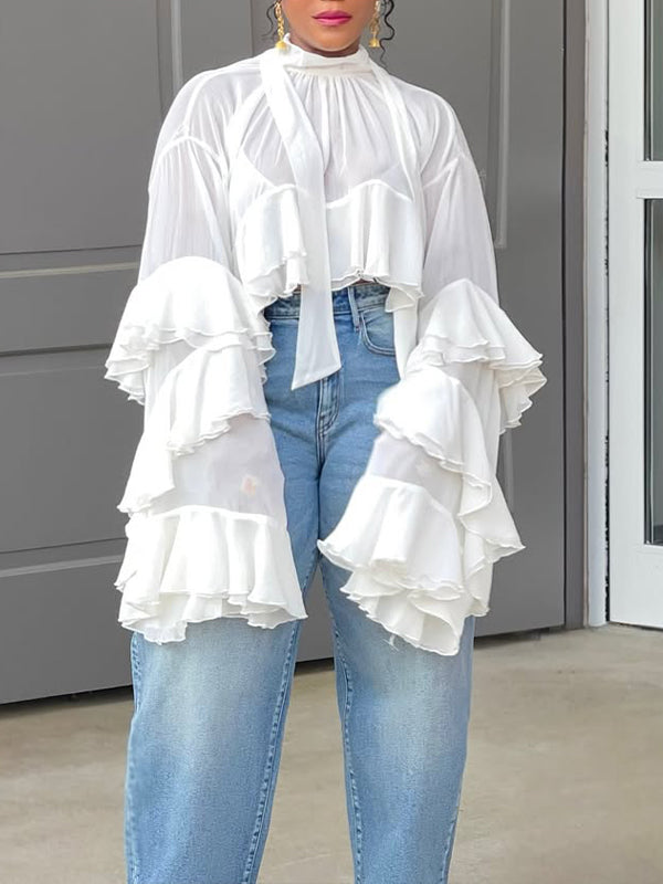 Sheer Tied-Neck Ruffle Top