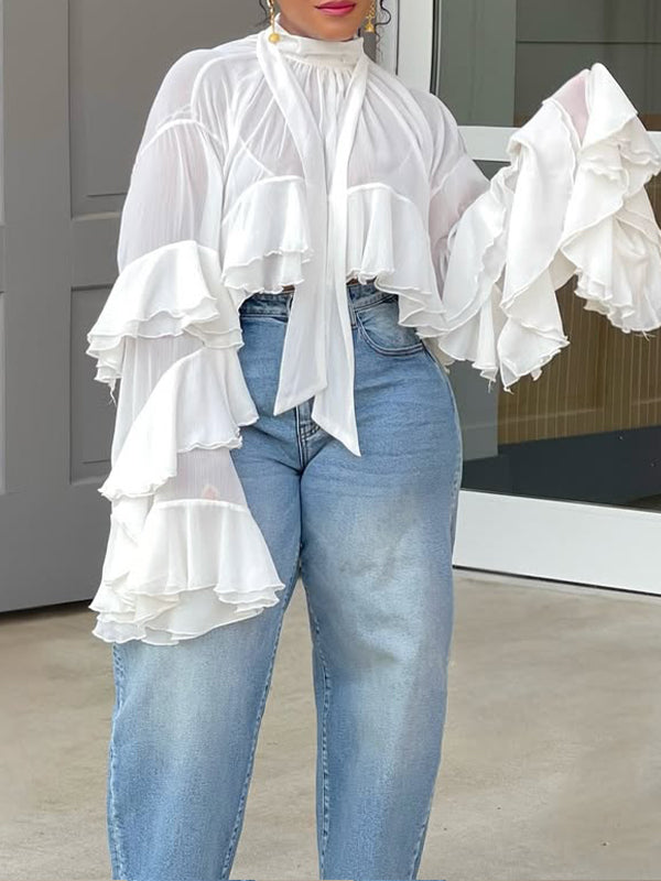 Sheer Tied-Neck Ruffle Top