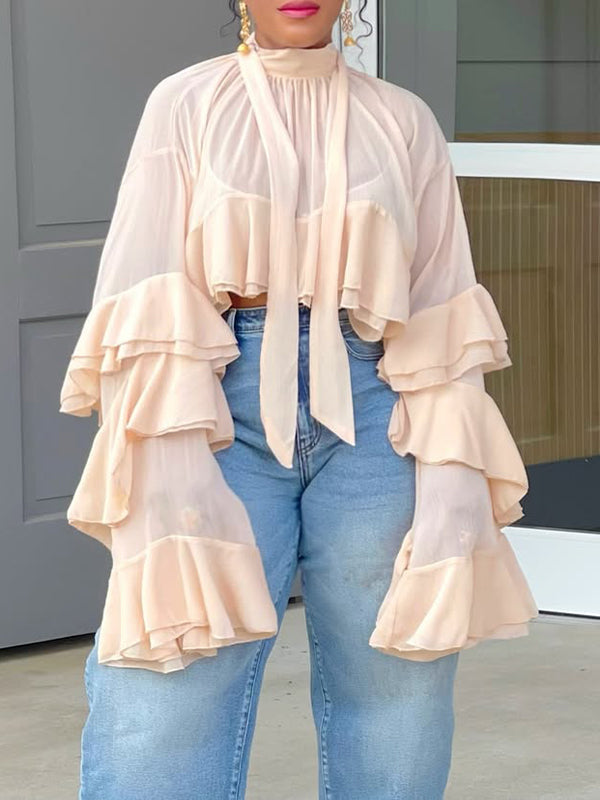 Sheer Tied-Neck Ruffle Top
