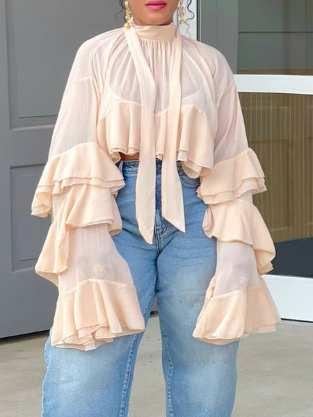 Sheer Tied-Neck Ruffle Top