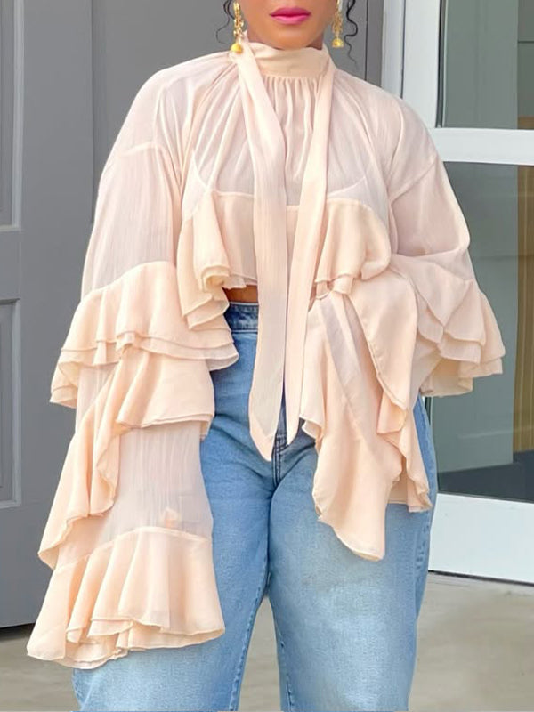 Sheer Tied-Neck Ruffle Top