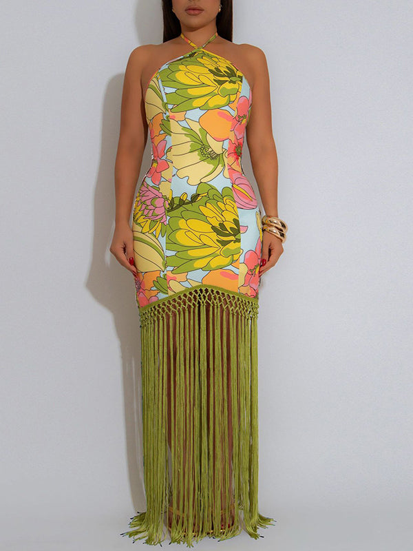 Fringe Combo Halter Dress