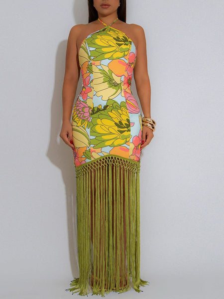 Fringe Combo Halter Dress