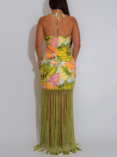 Fringe Combo Halter Dress