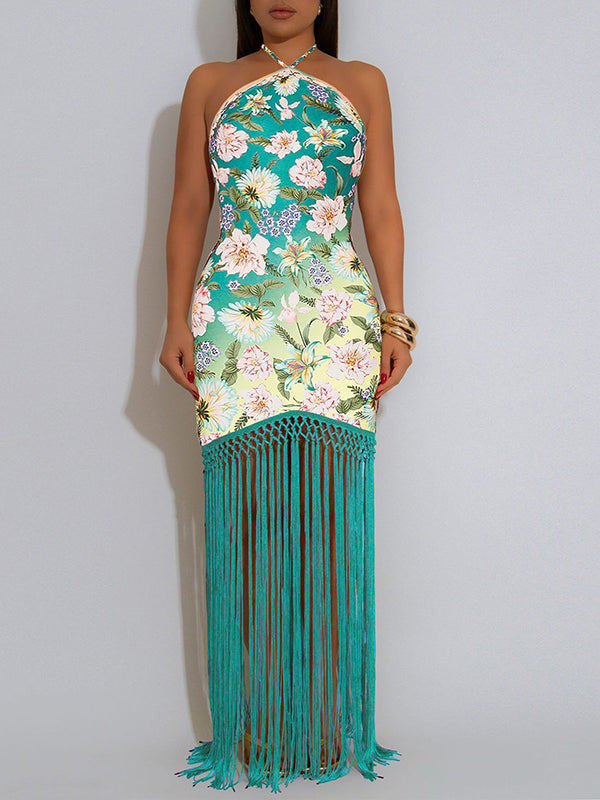 Fringe Combo Halter Dress