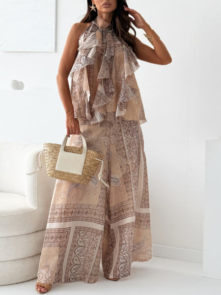 Printed Ruffle Tank Top & Wide-Leg Pants Set