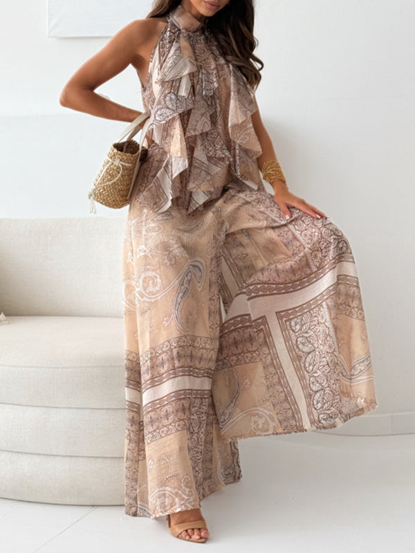 Printed Ruffle Tank Top & Wide-Leg Pants Set