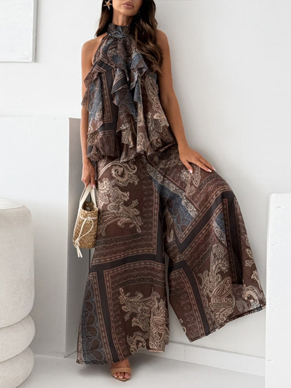 Printed Ruffle Tank Top & Wide-Leg Pants Set