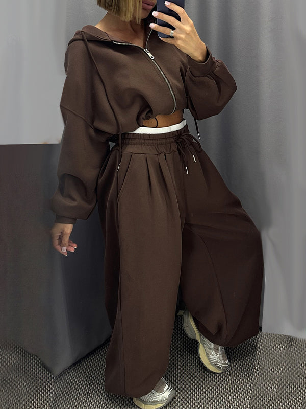 Zip-Front Hoodie & Wide-Leg Pants Set
