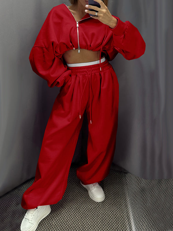 Zip-Front Hoodie & Wide-Leg Pants Set