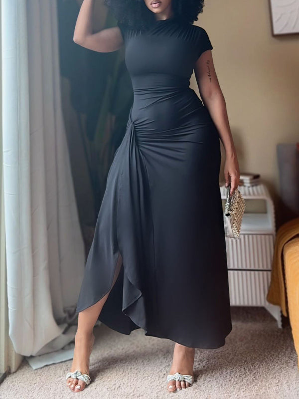 Solid Tied-Back Ruched Dress