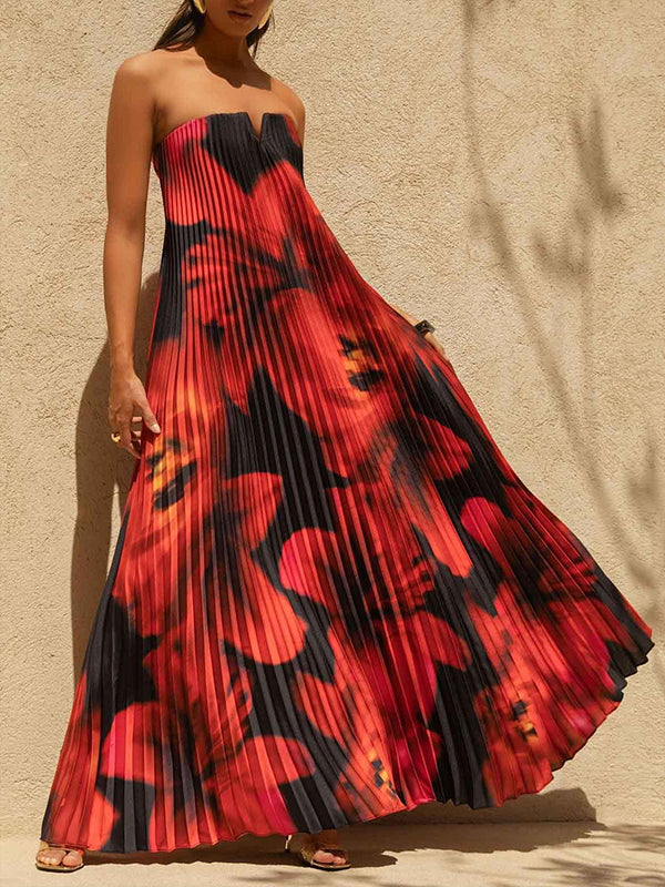 Floral Strapless Pleated Dress