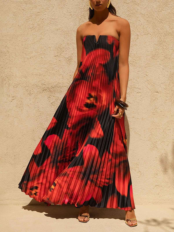 Floral Strapless Pleated Dress