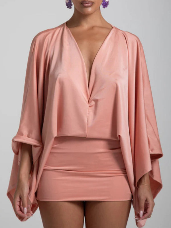V-Neck Batwing-Sleeve Mini Dress