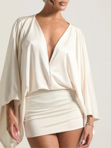 V-Neck Batwing-Sleeve Mini Dress